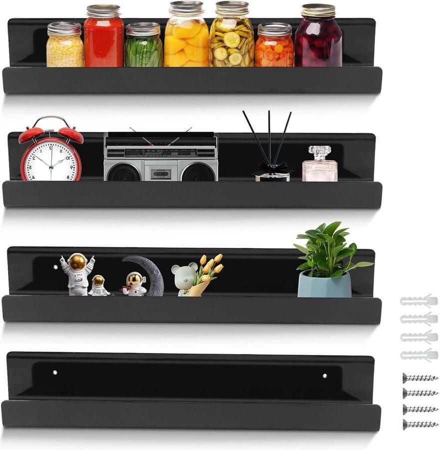 Zwevende wandplanken veelzijdig en praktisch 4 stuks zwart kunststof 38 x 10 x 5 cm