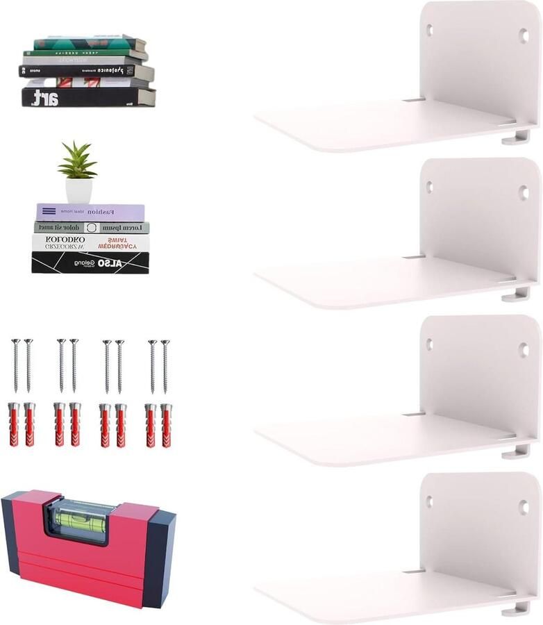 Zwevende wandplanken voor aan de muur van metaal set van 4 witte boekenplanken voor slaapkamer keuken woonkamer incl. schroeven mini-waterpas - Foto 2