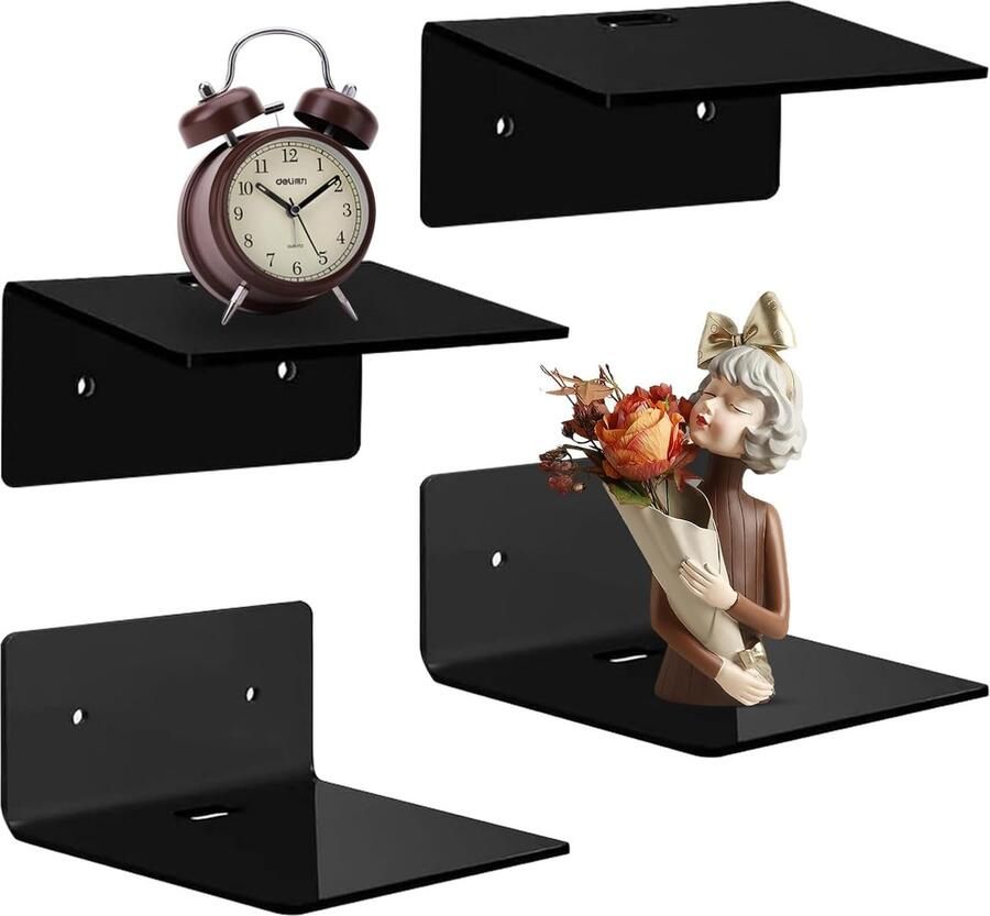 Zwevende Wandplanken voor Decoratie Ideaal voor Opslag 4 Stuks Zwart Acryl