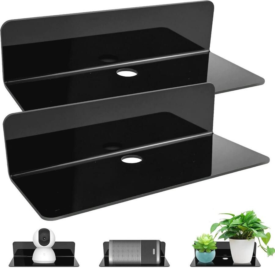 Zwevende Wandplanken Zwart Set van 2 Acryl Rek voor Slaapkamer Woonkamer Badkamer Keuken en Kantoor