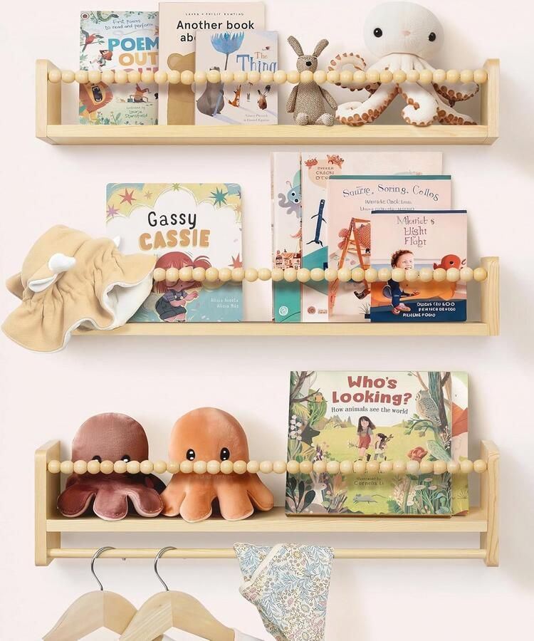 Zwevende Wandrekken Set van 3 voor Kinderkamer Houten Boekenkast met Kralendesign 58 cm