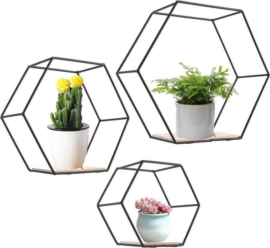 Zwevende zeshoekige wandplanken set van 3 maten zwart metaal hangrek zwart met houten plank wandplank voor woonkamer badkamer slaapkamer
