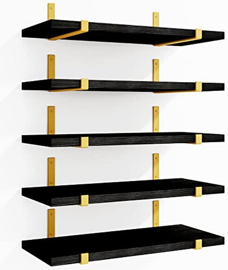 Zwevende Zwarte Gouden Wandplanken Set van 5 Rustieke Houten Wandopbergplanken voor Elke Ruimte