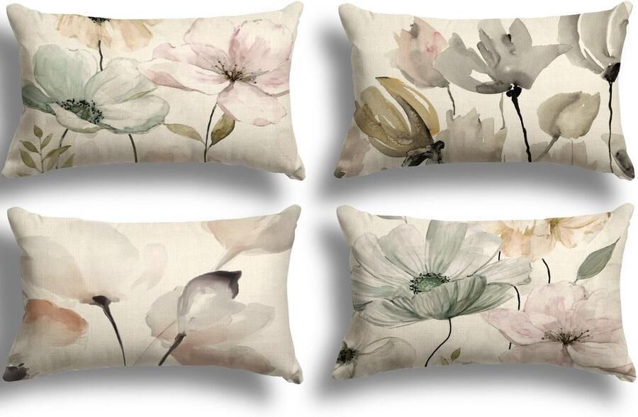 ZWJD Bloemenkussenhoes 30x50 Set van 4 Buitenkussens Decoratieve Kussens Linnen Kussenhoes Kussenslopen Bloemen Aquarel Schilderij Kussenhoezen voor Bank Woonkamer Decoratieve Kussens 30x50cm
