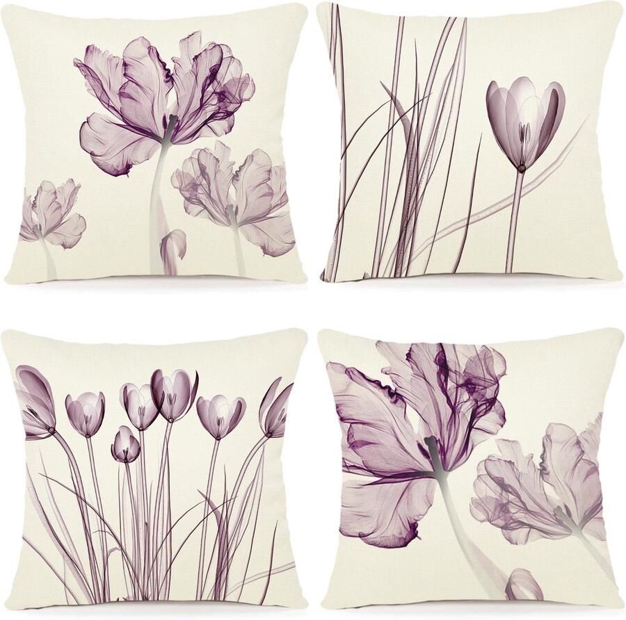 ZWJD Bloemenkussenhoes 40x40 Set van 4 Buitenkussens Decoratieve Kussens Linnen Kussenhoes Kussenslopen Bloemen Aquarel Schilderij Kussenhoezen voor Bank Woonkamer Decoratief Kussen 40x40cm