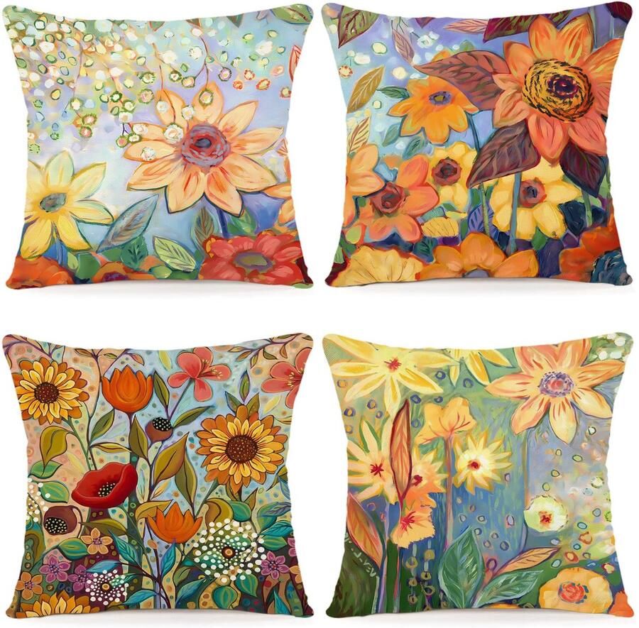 ZWJD Bloemenkussenhoes 40x40 Set van 4 Buitenkussens Decoratieve Kussens Linnen Kussenhoes Kussenslopen Bloemen Aquarel Schilderij Kussenhoezen voor Bank Woonkamer Decoratief Kussen 40x40cm