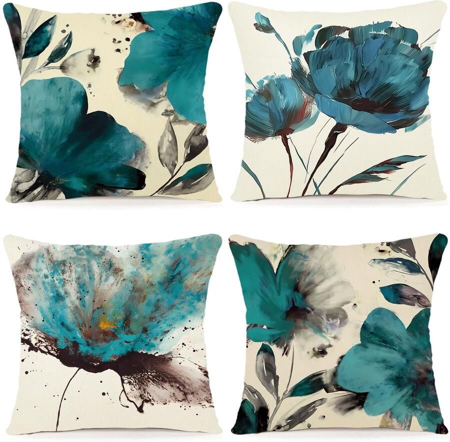 ZWJD Bloemenkussenhoes 45x45 Set van 4 Buitenkussens Decoratieve Kussens Linnen Kussenhoes Kussenslopen Moderne Abstracte Bloemenkussenhoezen voor Bank Woonkamer Decoratief Kussen 45x45 A203-18