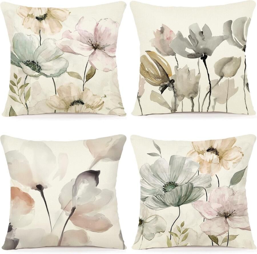 ZWJD Bloemenkussenhoes 45x45 Set van 4 Buitenkussens Decoratieve Kussens Linnen Kussenhoes Kussenslopen Bloemen Aquarel Schilderij Kussenhoezen voor Bank Woonkamer Decoratief Kussen 45x45cm