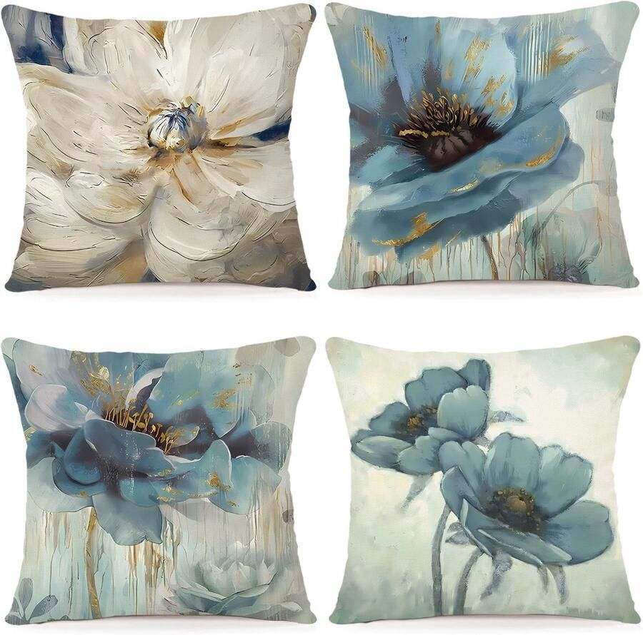 ZWJD Bloemenkussenhoes 50x50 Set van 4 Buitenkussens Decoratieve Kussens Linnen Kussenhoes Kussenslopen Moderne Abstracte Bloemenkussenhoezen voor Bank Woonkamer Decoratief Kussen 50x50 A202-20