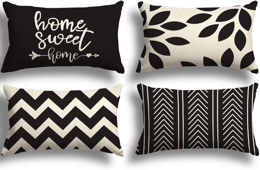 ZWJD Kussenhoes 30x50 Set van 4 Decoratieve Kussenhoezen Buitenkussenhoezen Linnen Decoratief Kussen voor Slaapkamer Bank Stoel Bed Tuin (30 x 50 cm Zwart)