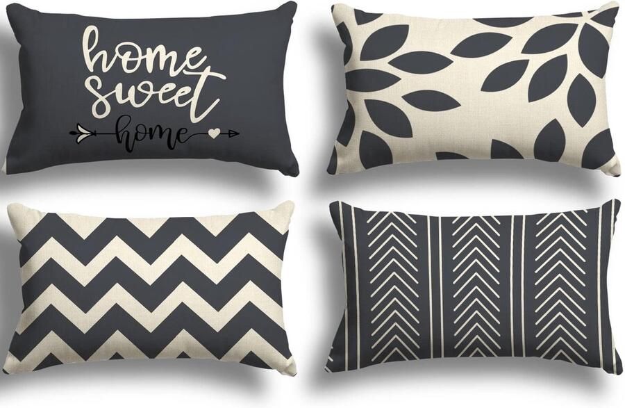 ZWJD Kussenhoes 30x50 Set van 4 Decoratieve Kussenhoezen Buitenkussenhoezen Linnen Decoratief Kussen voor Slaapkamer Bank Stoel Bed Tuin (30 x 50 cm Zwart Grijs)