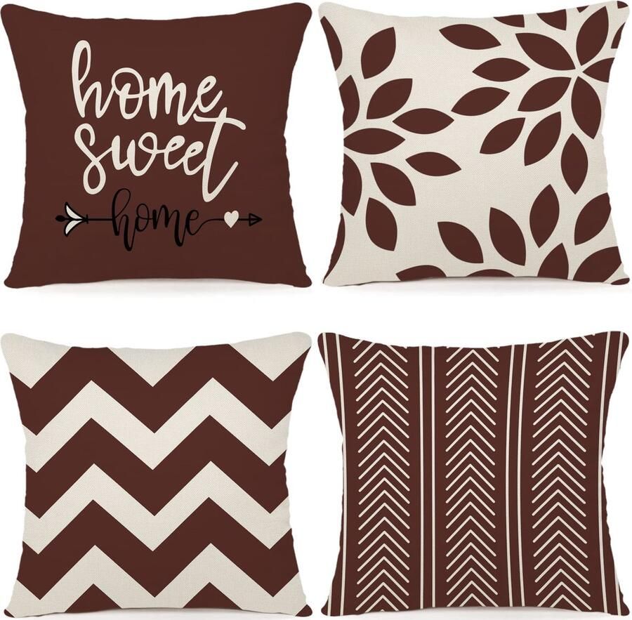 ZWJD Kussenhoes 45 x 45 cm Set van 4 Decoratieve Kussenhoezen Buitenkussenhoezen Linnen Decoratief Kussen voor Slaapkamer Bank Stoel Bed Tuin (45 x 45 cm Koffie)
