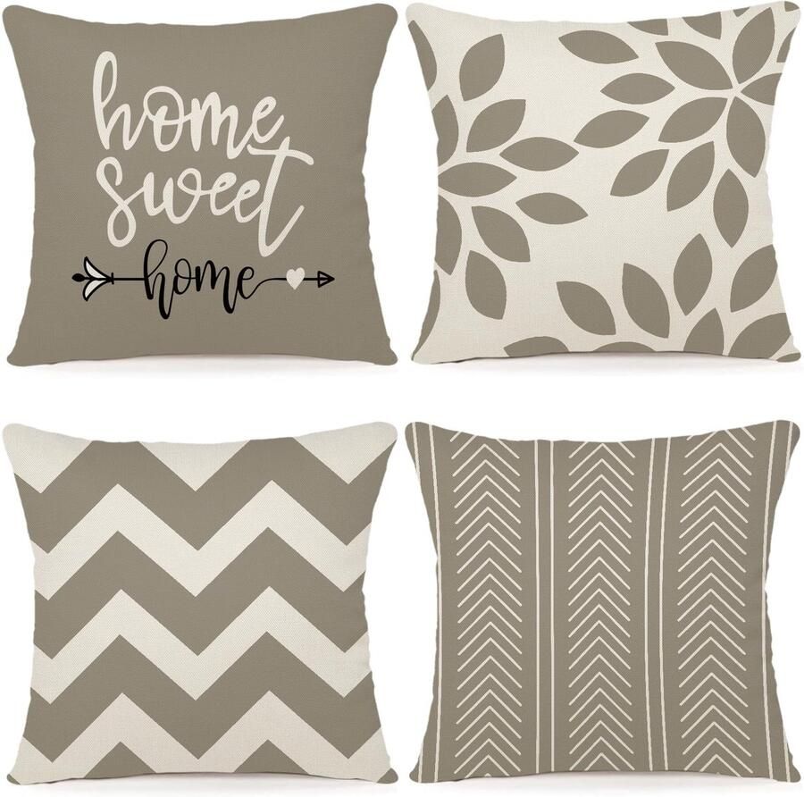 ZWJD Kussenhoes 50x50 Set van 4 Decoratieve Kussenhoezen Buitenkussenhoezen Linnen Decoratief Kussen voor Slaapkamer Bank Stoel Bed Tuin (50 x 50 cm Khaki)