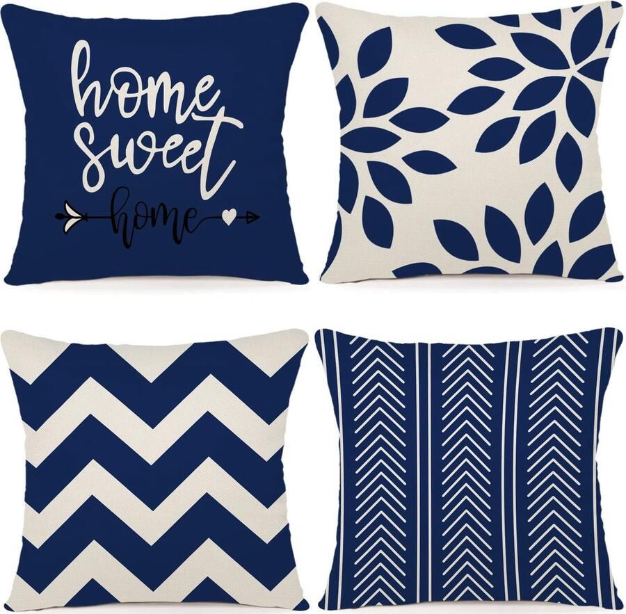 ZWJD Kussenhoes 50x50 Set van 4 Decoratieve Kussenhoezen Buitenkussenhoezen Linnen Decoratief Kussen voor Slaapkamer Bank Stoel Bed Tuin (50 x 50 cm Donkerblauw)