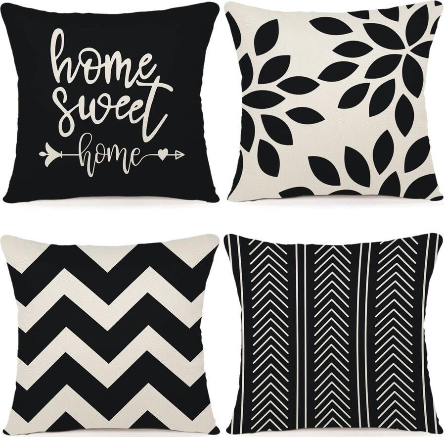 ZWJD Kussenhoes 50x50 Set van 4 Decoratieve Kussenhoezen Buitenkussenhoezen Linnen Decoratief Kussen voor Slaapkamer Bank Stoel Bed Tuin (50 x 50 cm Zwart)