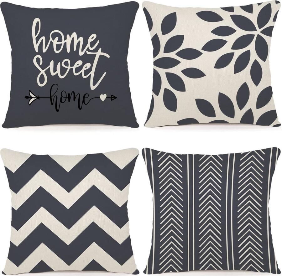ZWJD Kussenhoes 50x50 Set van 4 Decoratieve Kussenhoezen Buitenkussenhoezen Linnen Decoratief Kussen voor Slaapkamer Bank Stoel Bed Tuin (50 x 50 cm Zwart Grijs)