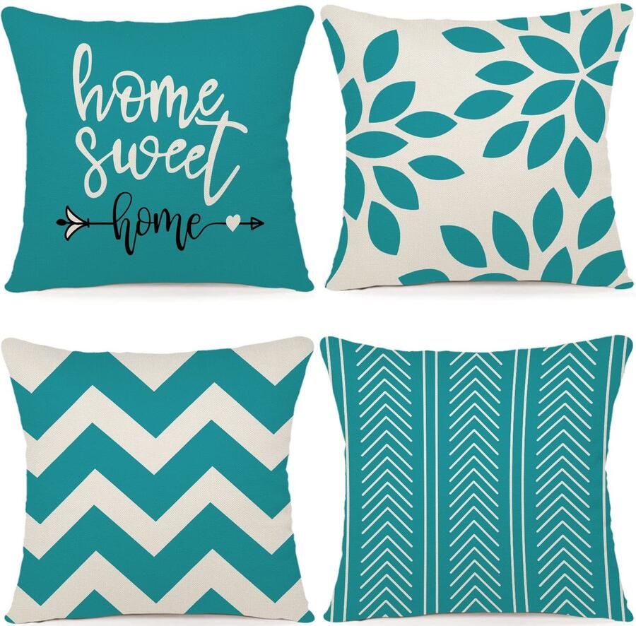 ZWJD Kussenhoes 50x50 Set van 4 Decoratieve Kussenhoezen Buitenkussenhoezen Linnen Decoratief Kussen voor Slaapkamer Bank Stoel Bed Tuin (50 x 50 cm Waterblauw)