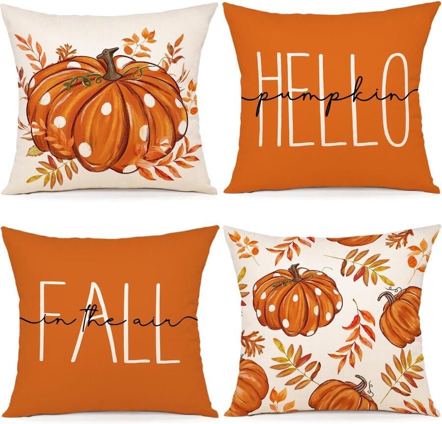 ZWJD Kussenhoes Herfst 45x45 Set van 4 Herfstdecoratie Kussenhoes Herfstdecoratie Linnen Kussenhoezen Esdoornbladeren Pompoen Kussen voor Decoratieve Bank Huis Tuin Slaapkamer Decoratieve Kussen Kussenslopen 45x45 cm