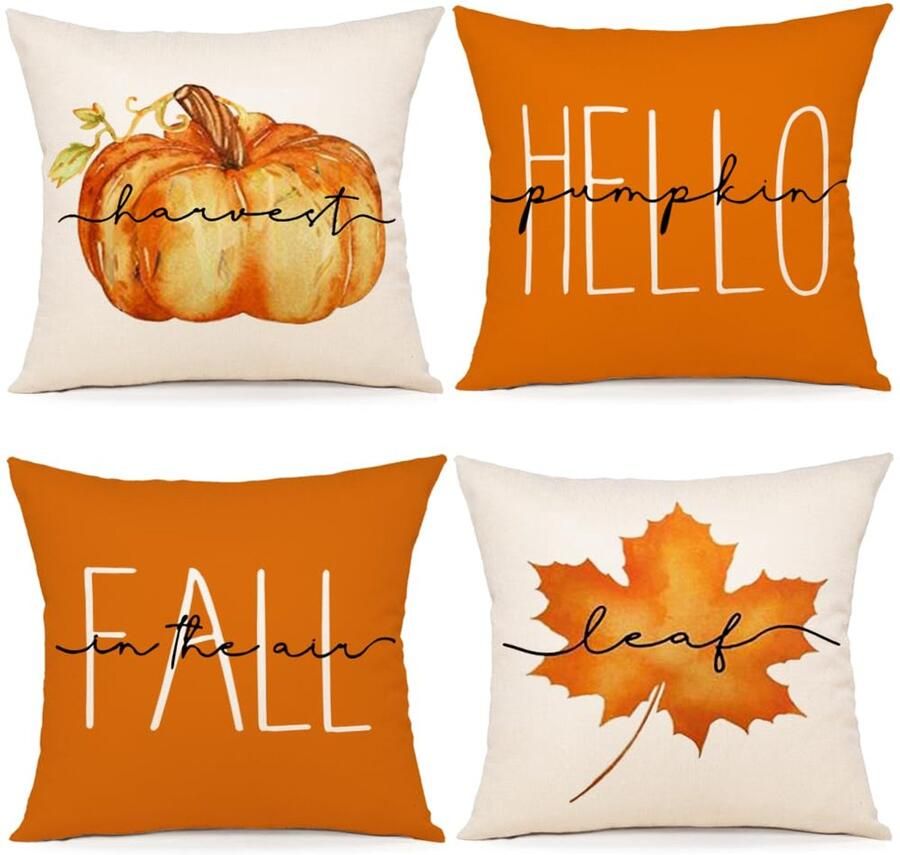 ZWJD Kussenhoes Herfst 45x45 Set van 4 Herfstdecoratie Kussenhoes Herfstdecoratie Linnen Kussenhoezen Esdoornbladeren Pompoen Kussen voor Decoratieve Bank Huis Tuin Slaapkamer Decoratieve Kussen Kussenslopen 45x45 cm