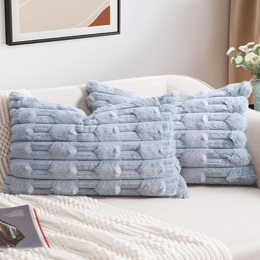 ZWJD Set van 2 grijze kussenhoezen 30x50 imitatiebont pluche kussenhoezen zachte kussenhoes pluizig decoratief kussen moderne kussendecoratie voor woonkamer bank slaapkamer auto decoratie bankkussen 30 x 50 cm