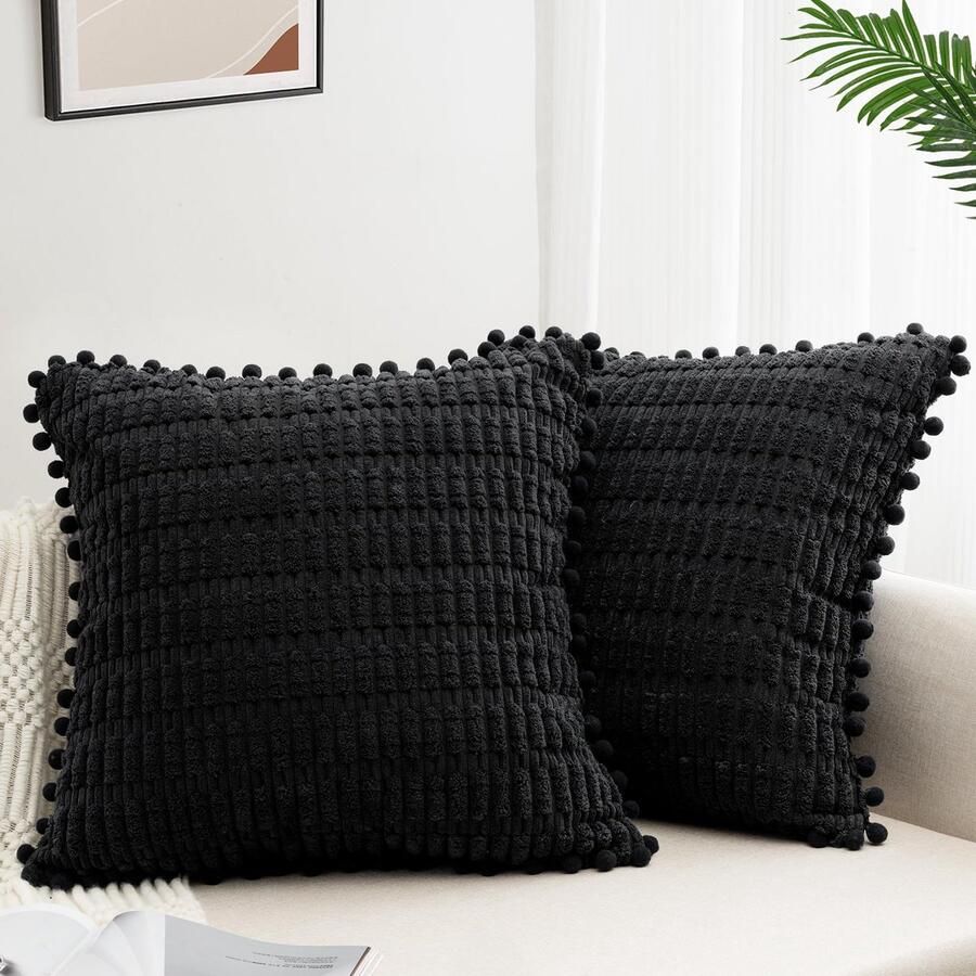 ZWJD Set van 2 kussenhoezen 45 x 45 cm Corduroy bankkussen Zachte kussenhoes Boho kussenhoezen Decoratief kussen Moderne kussendecoratie voor bank Slaapkamer Huis Autodecoratie Decoratieve kussenhoezen Zwart
