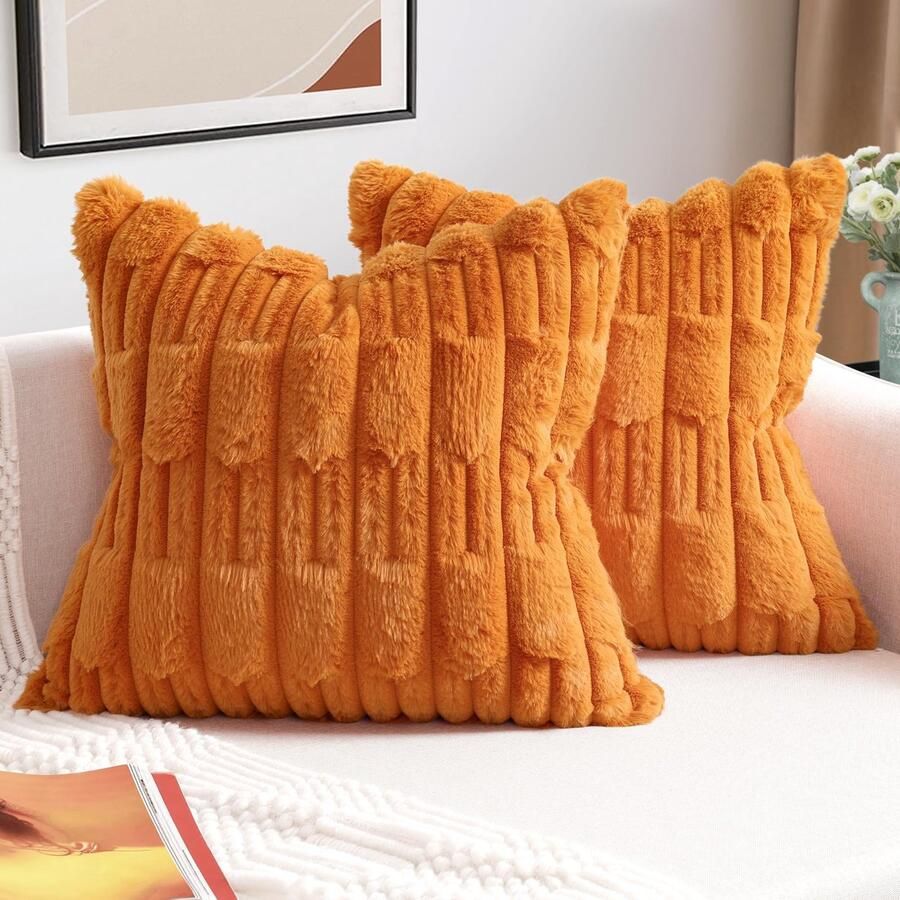 ZWJD Set van 2 oranje kussenhoezen 40x40 imitatiebont pluche kussenhoezen zachte kussenhoes pluizig decoratief kussen moderne kussendecoratie voor woonkamer bank slaapkamer auto decoratie bankkussen 40 x 40 cm