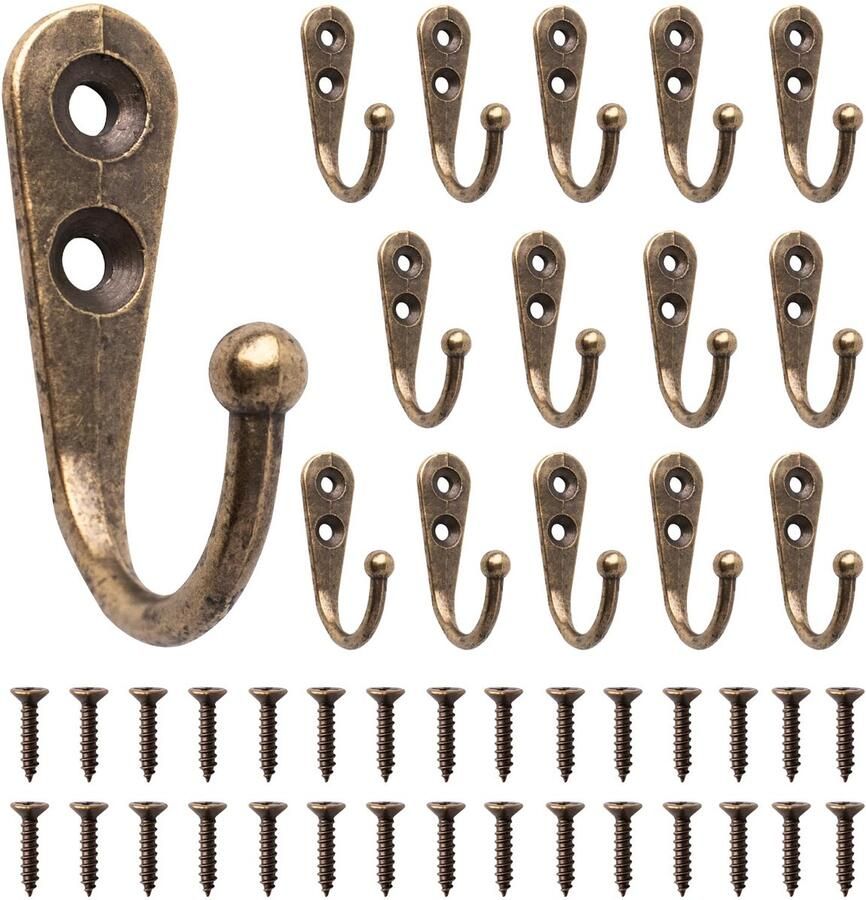 ZYDYRX 15 stuks sleutelhaken bronzen kapstokhaken met schroeven vintage kapstokhaken mini hoedenhaken tuinhaken voor sleutels tassen handdoeken