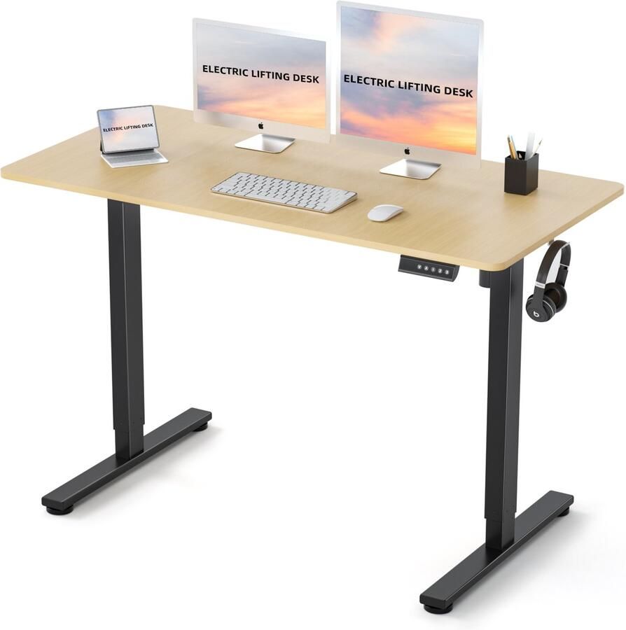 Earthyhome Zit-sta bureau 120 x 60 cm elektrisch verstelbaar 70cm-116cm met anti-botsing technologie en geheugenfunctie Houtkleur