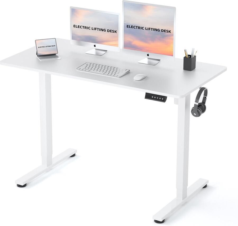 Earthyhome Zit-sta bureau 120 x 60 cm Elektrisch verstelbaar 70cm-116cm Stille Motor Anti-botsing technologie Geheugenfunctie Wit
