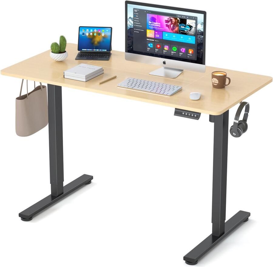 Earthyhome Zit-sta bureau 120 x 60 cm，Elektrisch verstelbaar 70cm-116cm Anti-botsing technologie Geheugenfunctie Stille Motor Intelligent bedieningspaneel LED-display Draagvermogen 80 kg Houtkleur