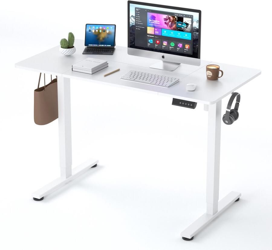 Earthyhome Zit-sta bureau 120 x 60 cm，Elektrisch verstelbaar 70cm-116cm Anti-botsing technologie Geheugenfunctie Stille Motor Intelligent bedieningspaneel LED-display Draagvermogen 80 kg Wit