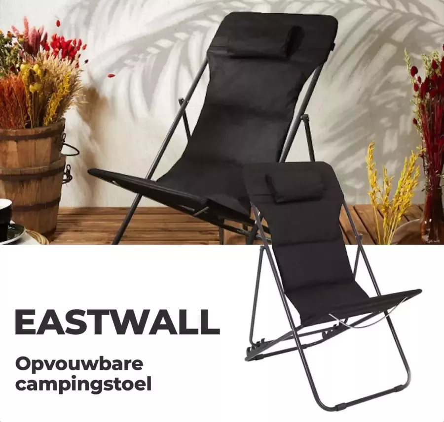 EASTWALL strandstoel – opvouwbare campingstoel – comfortabele visstoel – zwart metalen vouwstoel L82xB56xH93cm – draagvermogen tot 110kg