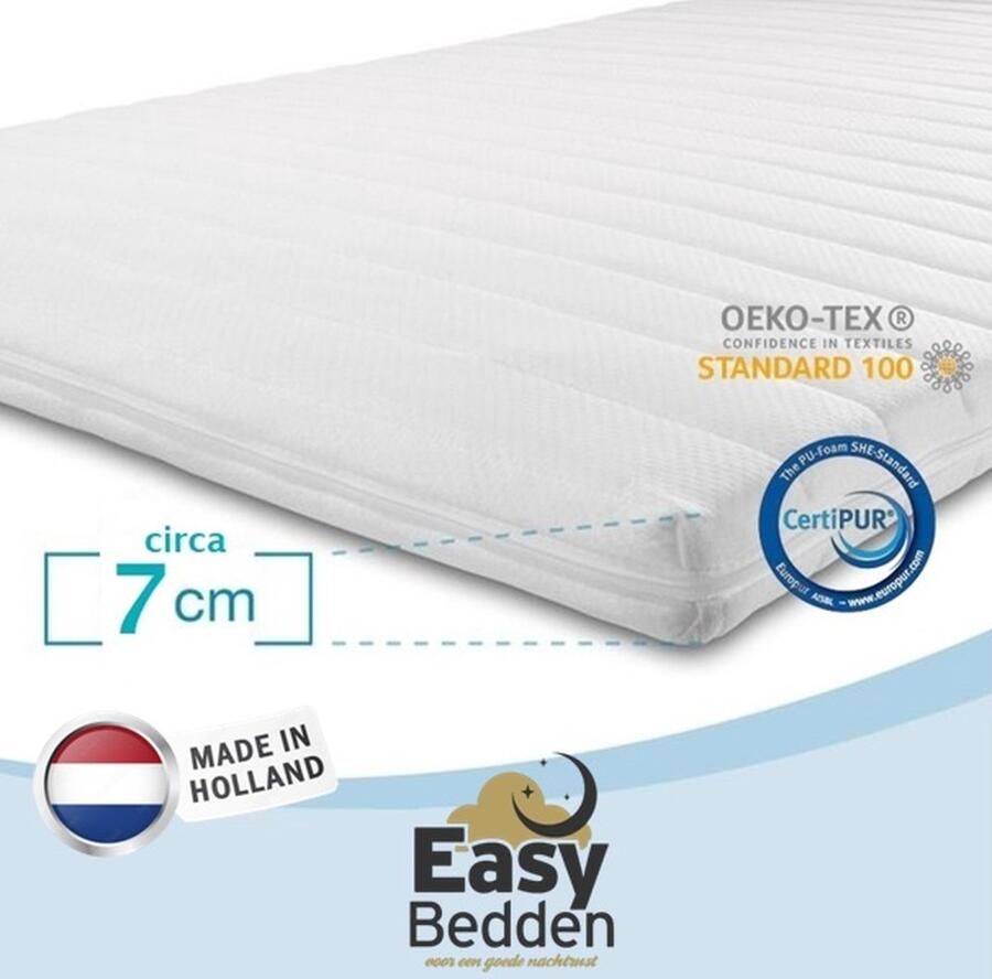 Sleepie Comfort Topmatras 70x220 Topper HR Koudschuim Medium hardheid Hybrid Topdekmatras circa 7 cm Afritsbaar Wasbaar Tijk Orthopedisch Anti-allergisch Topper Hotel XL Anti Bacterieel CertiPUR en Okoetex gecertificeerd