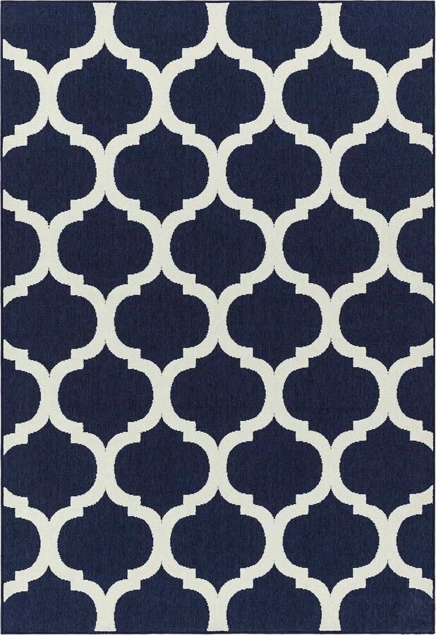 Eazy Living Easy Living Easy Living Antibes Blue Trellis Vloerkleed 160x230 Rechthoek Buiten Laagpolig Structuur Tapijt Modern Blauw Wit