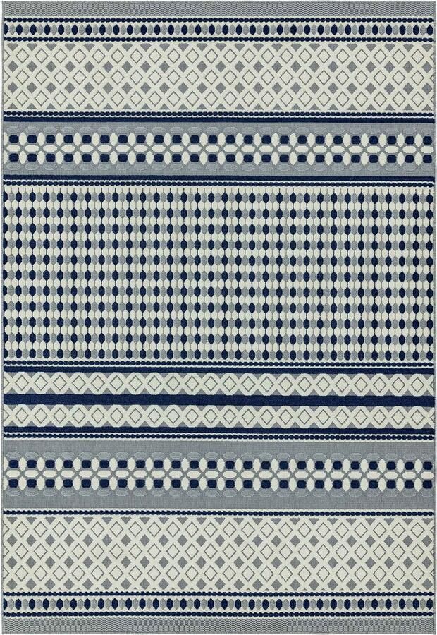 Eazy Living Easy Living Easy Living Antibes Blue White Geometric Vloerkleed 160x230 Rechthoek Buiten Laagpolig Structuur Tapijt Modern Blauw Wit