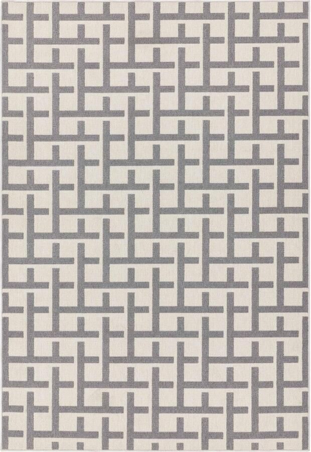 Eazy Living Easy Living Easy Living Antibes White Grey Grid Vloerkleed 160x230 Rechthoek Buiten Laagpolig Structuur Tapijt Industrieel Beige Grijs