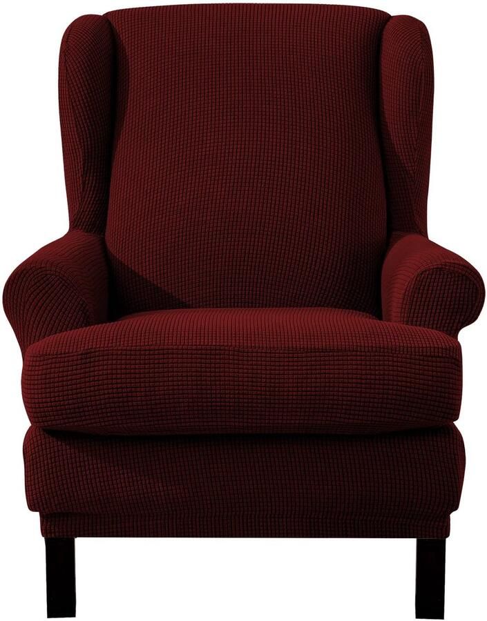 EBETA Jacquard vleugelstoelhoes 2-delige fauteuilhoezen elastische bankarmleuninghoezen beschermhoezen voor leesstoelen relaxstoelen met stoelhoes (wijnrood)
