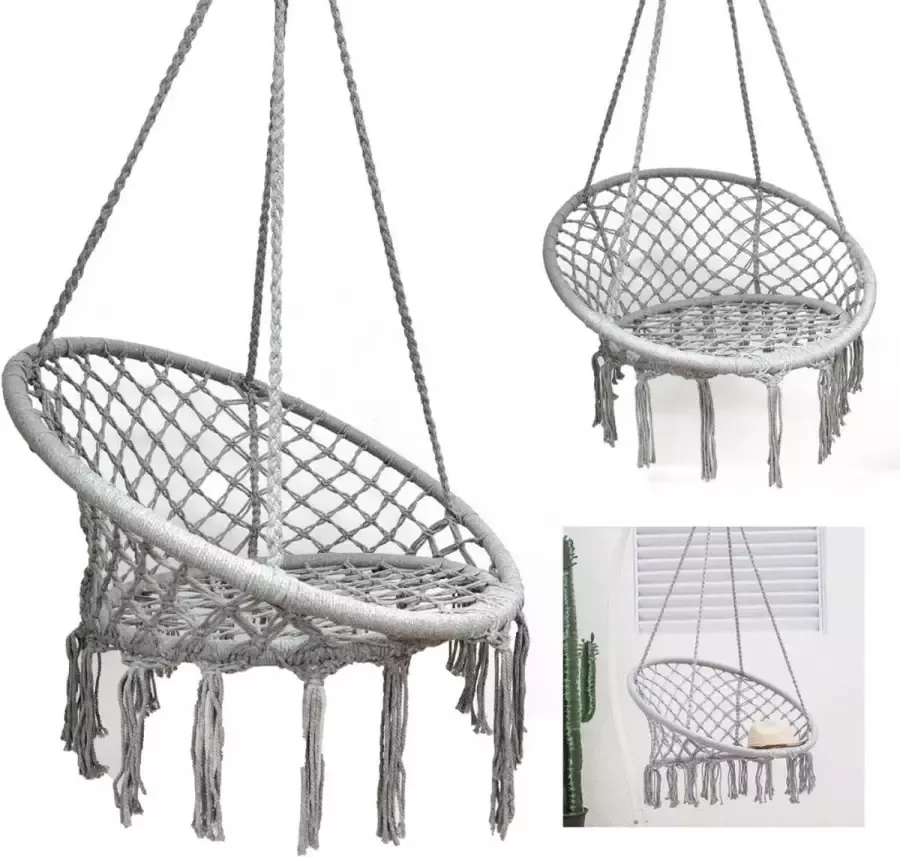 ECarla Ronde ooievaar hangmat Hangende fauteuil schommelstoel – Grijs -Zomer – Tuin – Tuinartikelen – Relax – BOHO schommel