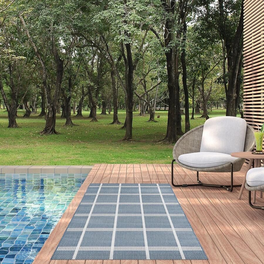 ECarpet Vloerkleed POGO EC2001 Blauw platgewoven voor BINNEN & BUITEN 120cm x 180cm