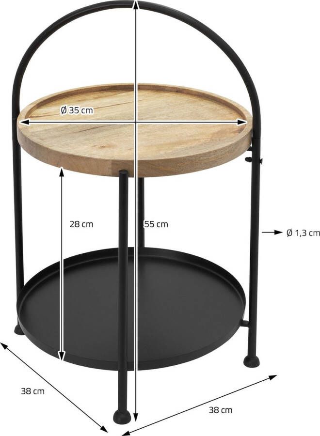 ECD Germany Bijzettafel met twee niveaus Ø 38x55 cm Zwart metaal en hout Inklapbaar - Foto 2