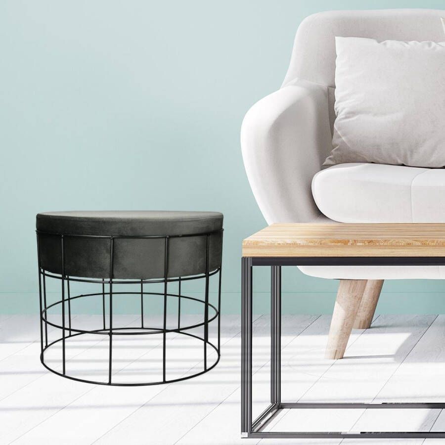 ECD Germany Designkruk 43x33 cm rond met fluwelen hoes en metalen frame donkergrijs - Foto 2
