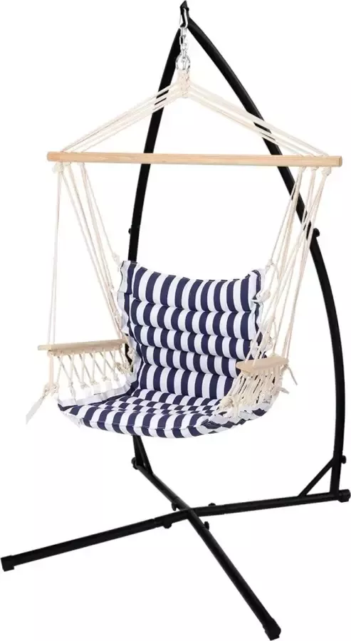 ECD Germany Design hangstoel blauw wit 45x100x43 cm gemaakt van katoen hardhout belastbaar tot 120 kg - Foto 1