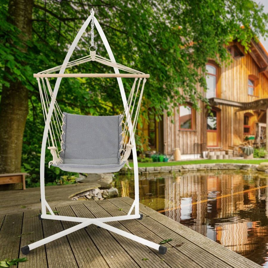ECD Germany Hangstoel grijs met zitkussen gemaakt van katoen en hardhout belastbaar tot 120kg - Foto 2