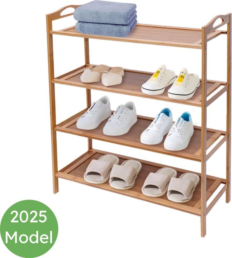 EcoHaven Schoenenrek bamboe 4-laags schoenen organizer Schoenenrek hout Schoenenbank 60 x 25 x 67 cm