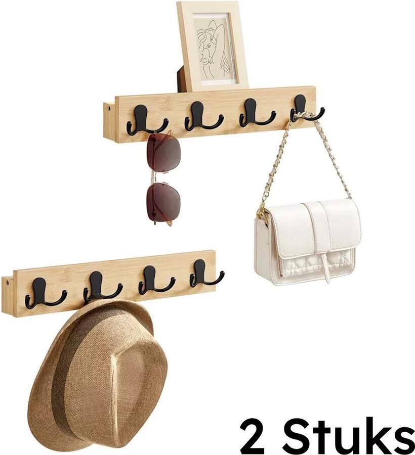 EcoHaven – Wandhaak hout – Set van 2 – Dubbele jashaak met plank – Hoed & jas haak – Kapstokhaak hout & metaal – Inclusief bevestigingsmateriaal