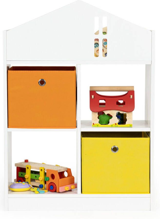 ECOTOYS boekenkast met 2 mandjes speelgoedkast 6 vakken kinderkast wit oranje geel 65.2 x 27 x 90.5 cm vorm van een huis