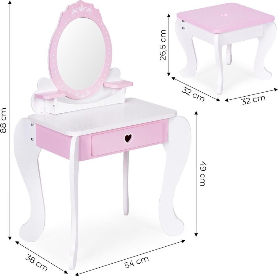 ECOTOYS Houten Kaptafel voor Kinderontwikkeling Inclusief 7 Accessoires en Krukje