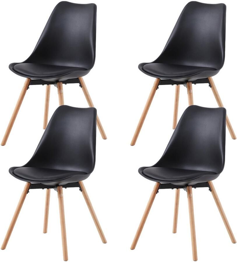 EGGREE Set van 4 gestoffeerde eetkamerstoelen met massief beukenhouten poten voor eetkamer woonkamer slaapkamer keuken zwart