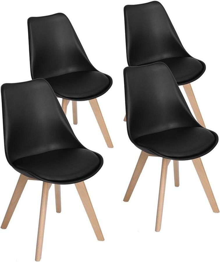 EGGREE Set van 4 lunch bureaustoelen met poten van massief eikenhout stoelen zonder armleuningen gestoffeerd design Zwart