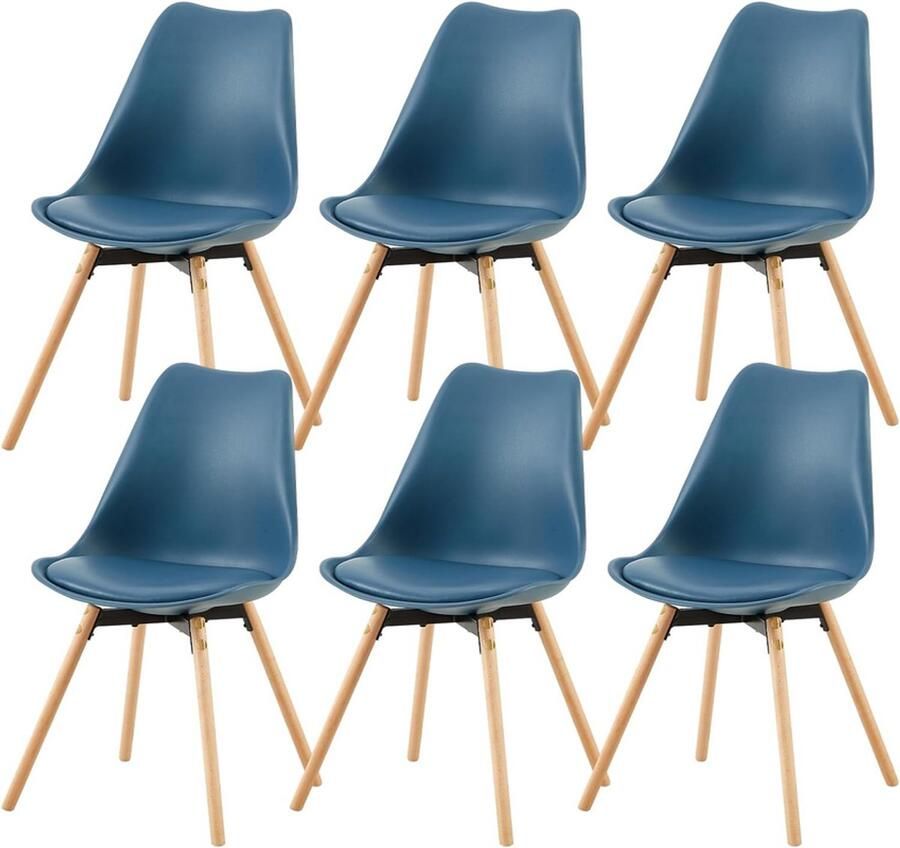 EGGREE Set van 6 eetkamerstoelen gestoffeerde keukenstoelen zitting en rugleuning woonkamerstoel eetkamerstoelen vergaderstoelen met massief hout donkerblauw